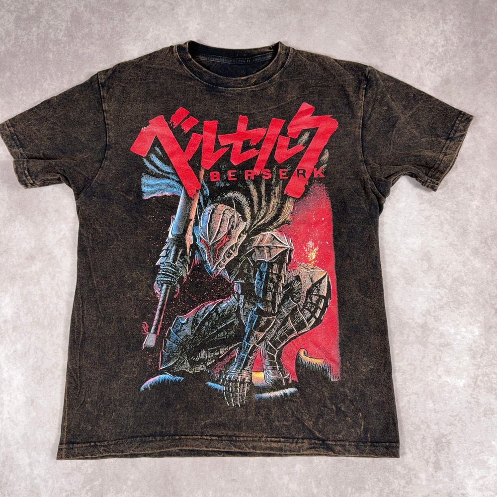 Berserk Guts Graphic T-Shirt Acid Wash Mineral Wash Anime Manga Small Black Red